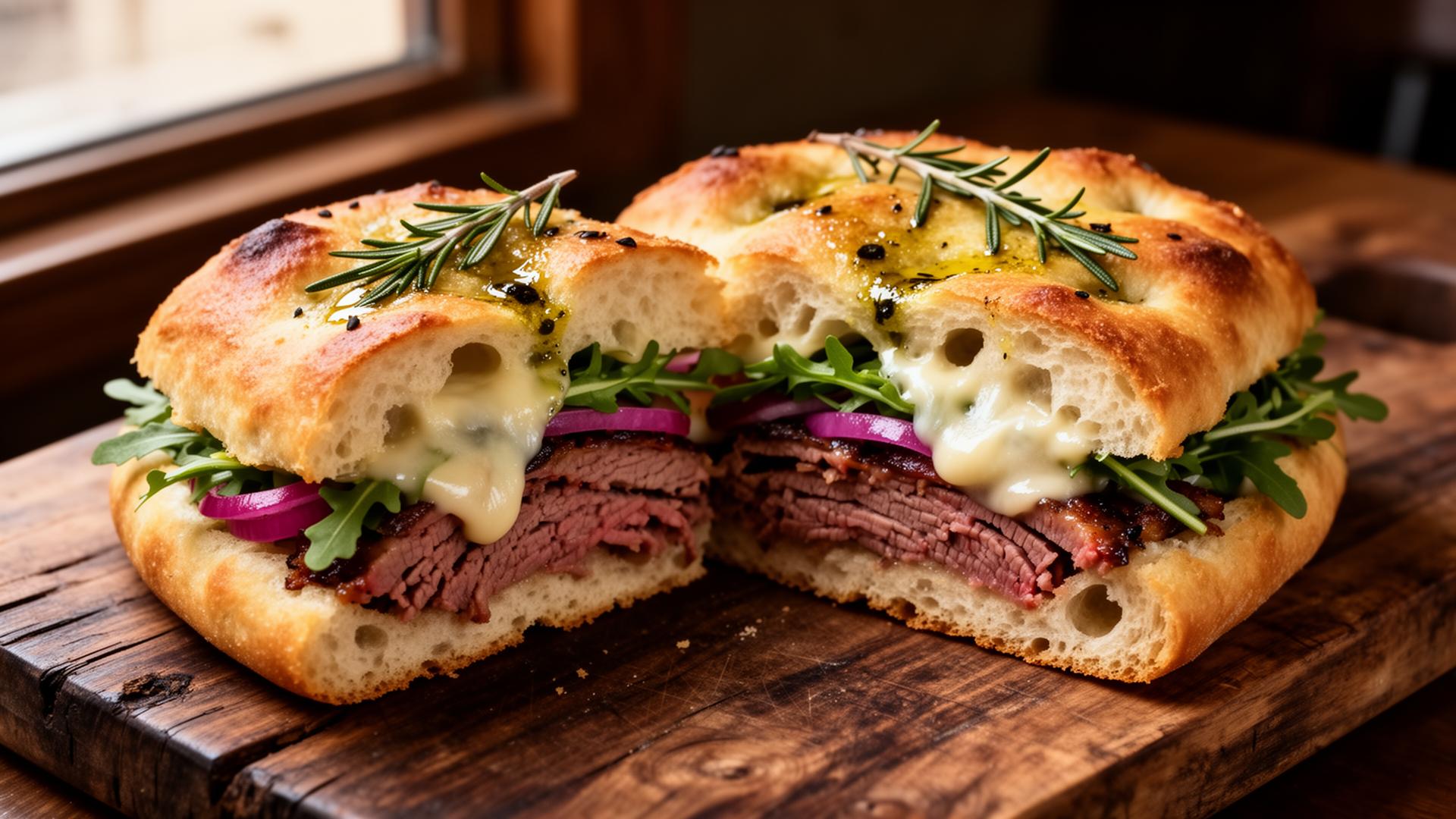 Focaccia artesanal con brisket ahumado y stracciatella en Santolia, San Pedro de la Paz